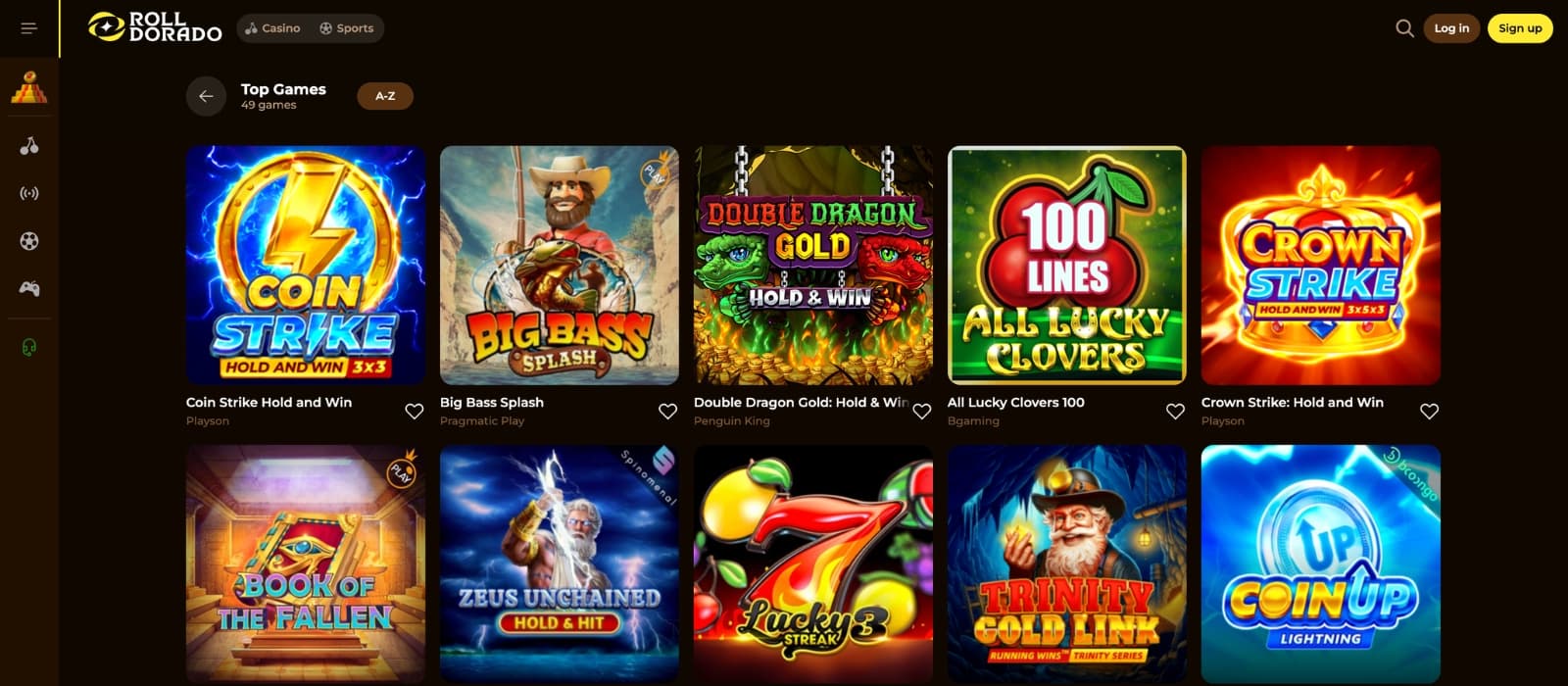 Rolldorado casino games lobby displaying a wide selection of slots and live casino categories