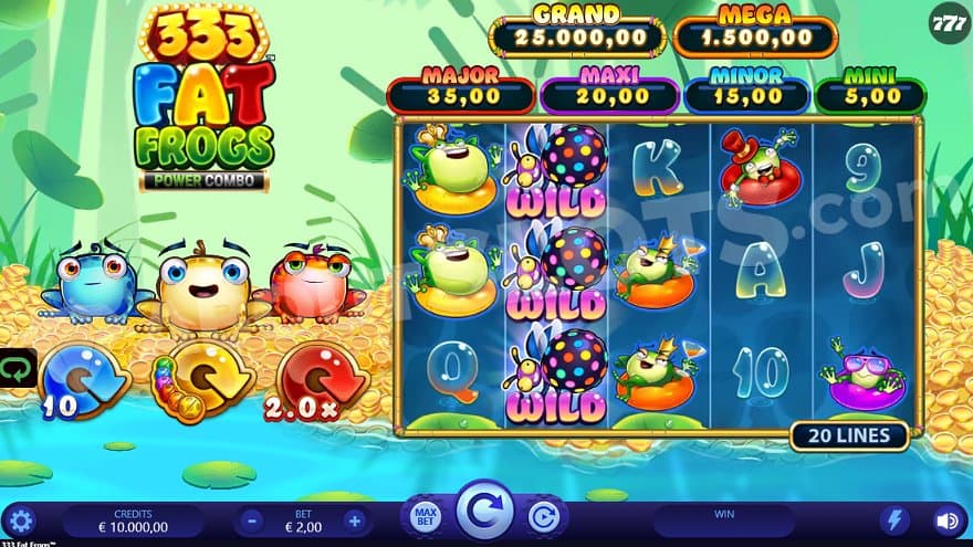 A casino slot with three frogs sitting on gold coins to the side.