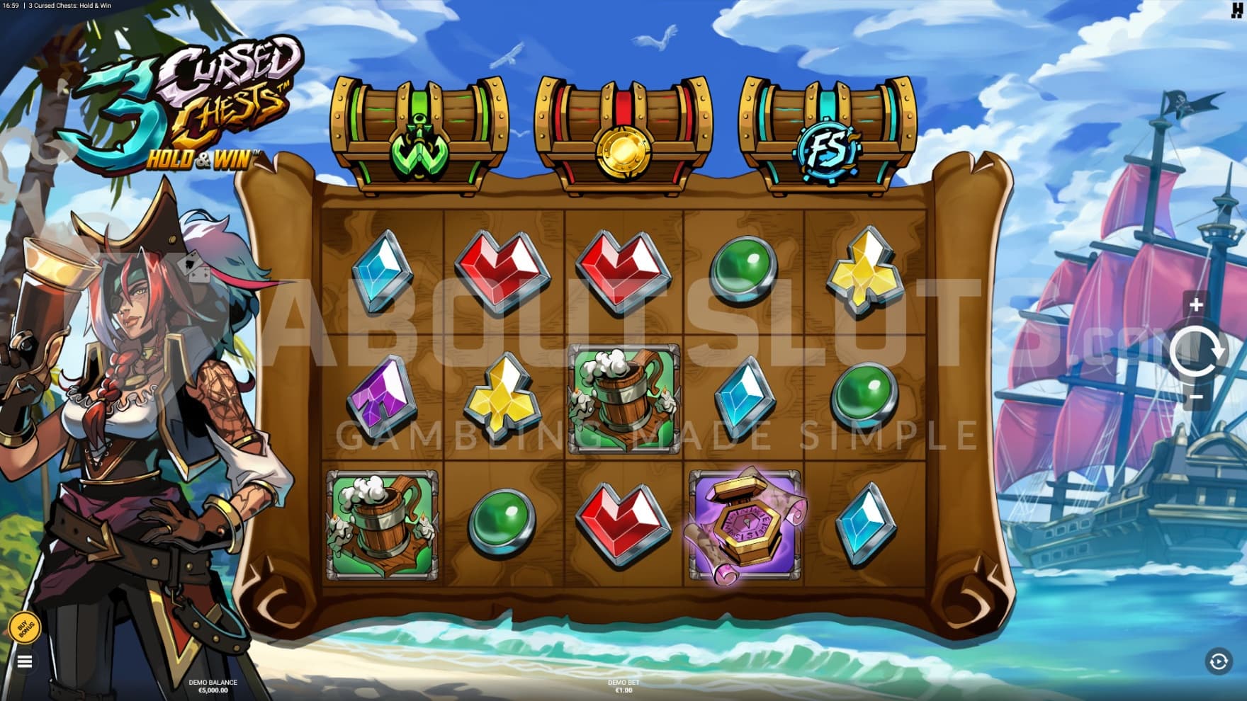 Anne Bonny stands next to the reels, which are set on top of a treasure map