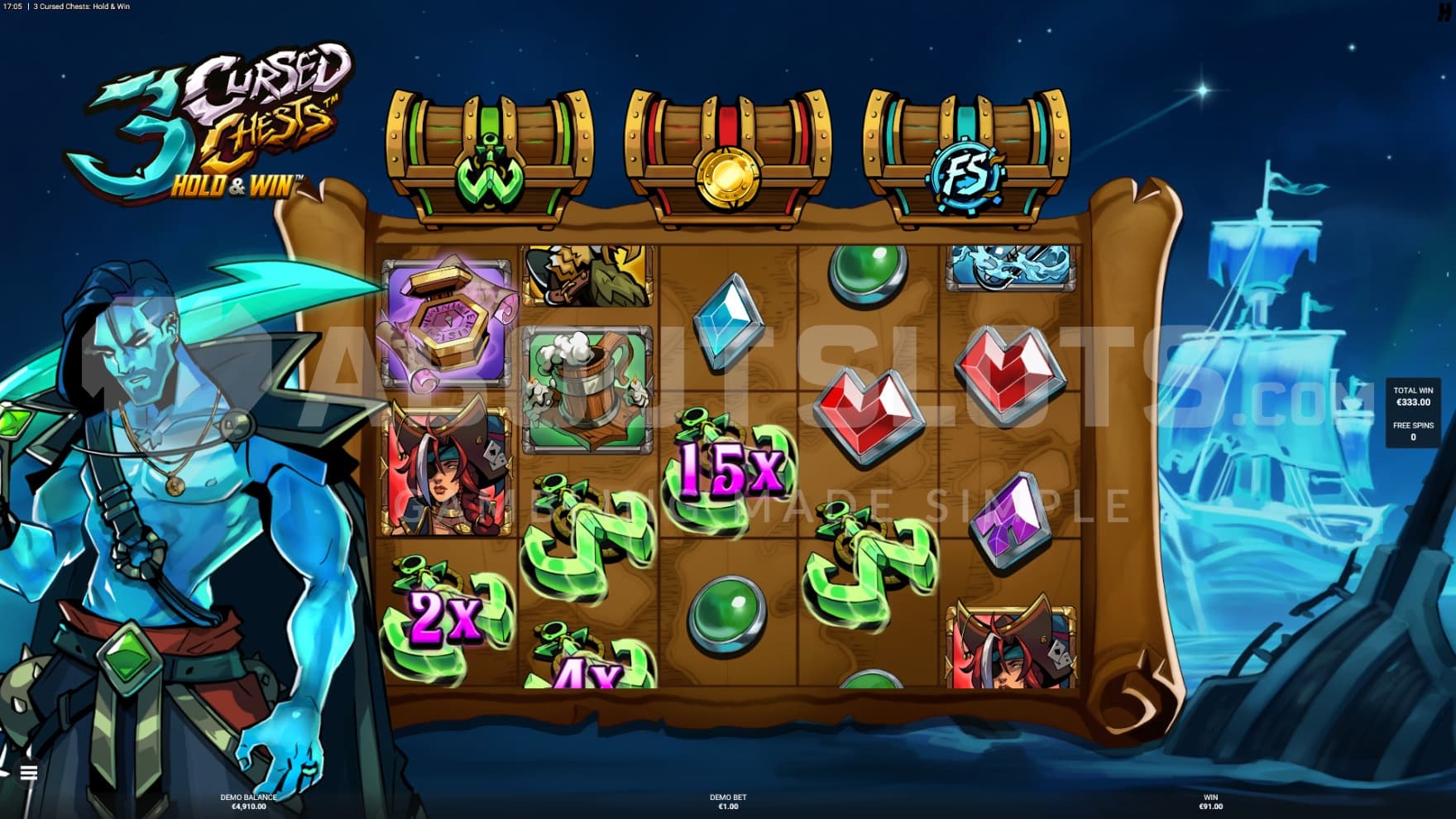 The Ghostly Gallows free spins is active with a ghost crew, and the Wild Chest Bonus has triggered