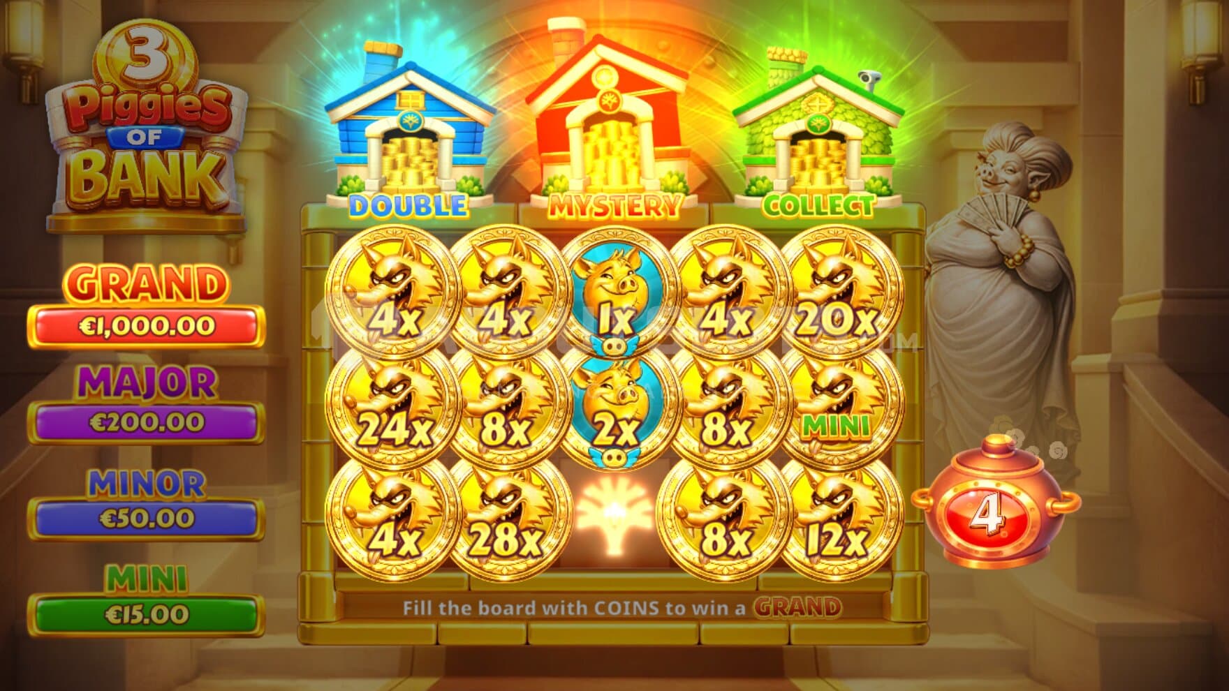 Pictured is the bonus game triggered with all 3 bonus upgrades, giving you multiple way to increase your wins and payouts