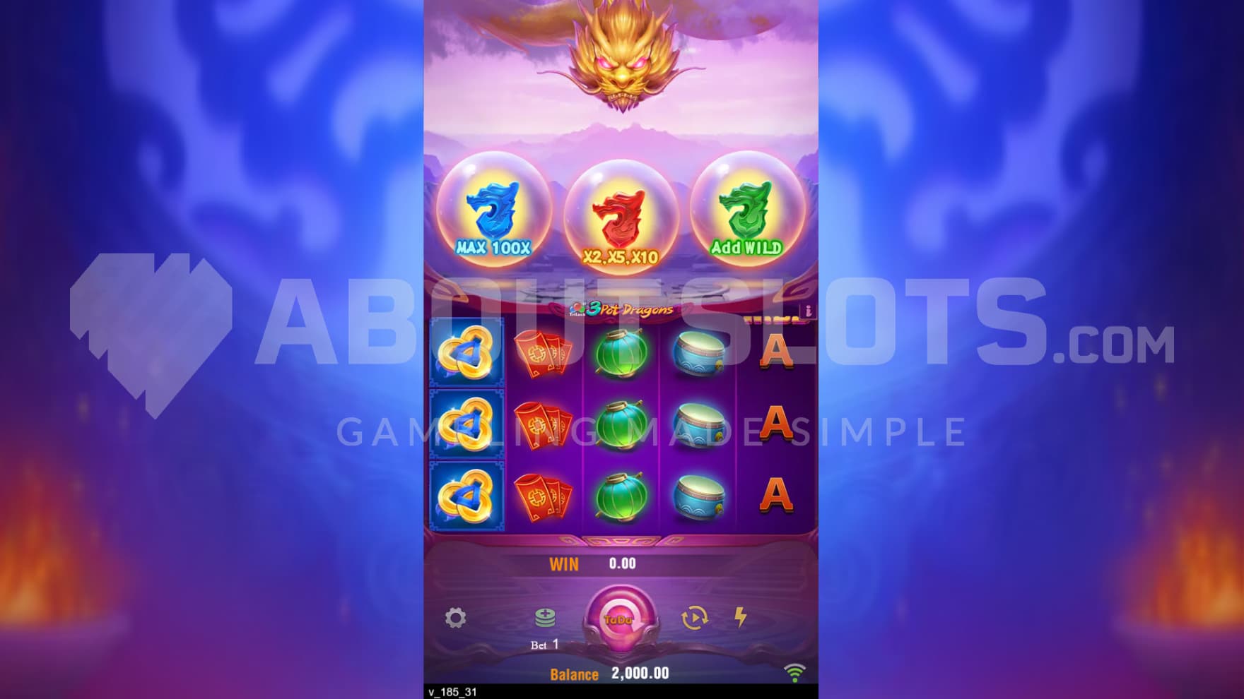 A golden dragon sits atop the reels, looking down on the playing grid