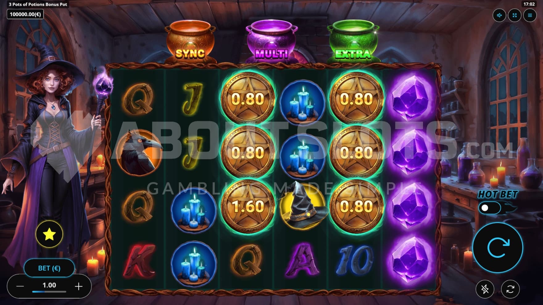 The witch stands next to the playing grid, helping you concoct wins