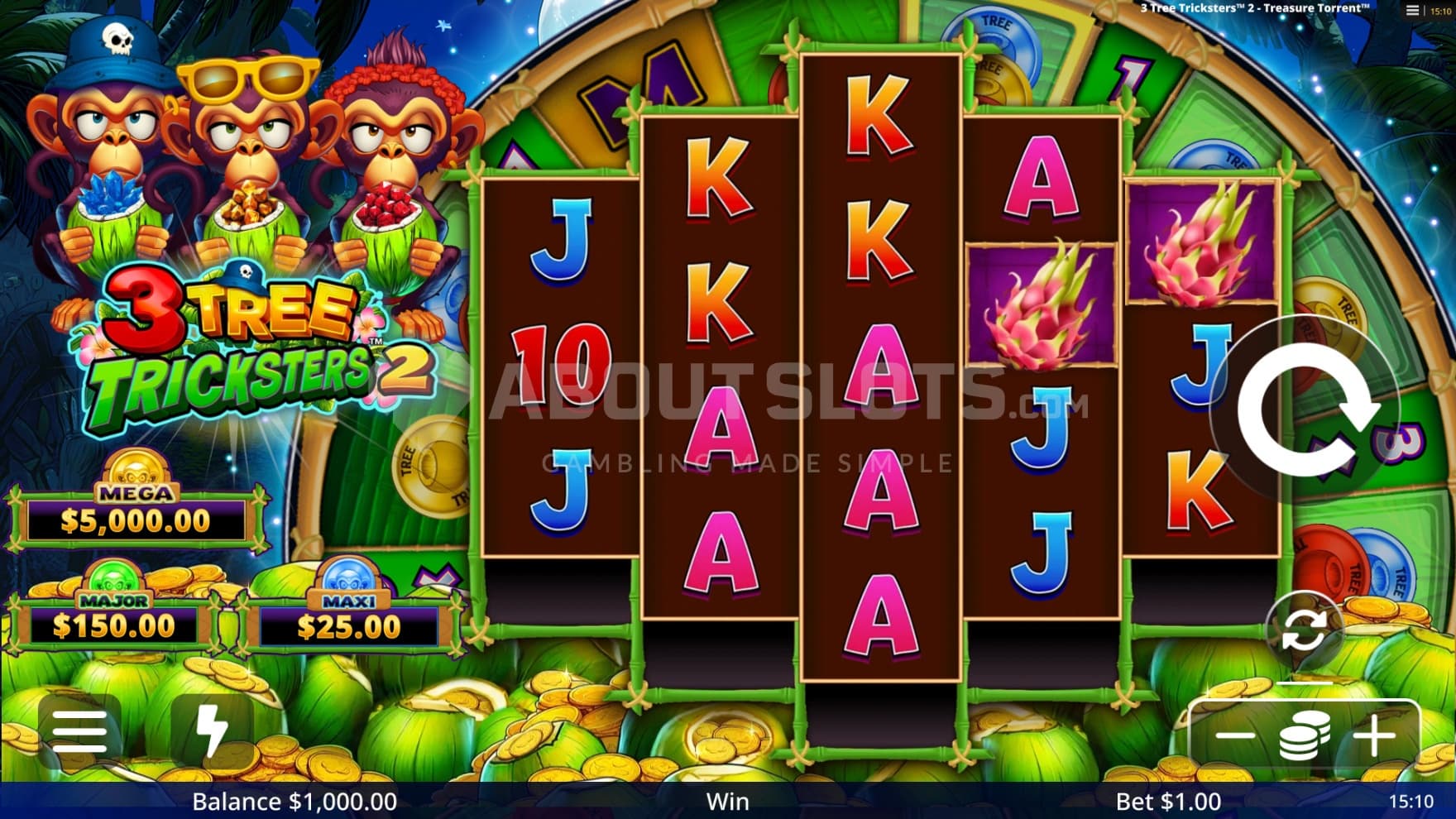 The three monkeys sit next to the playing grid, swaying side to side, ready to trigger fun features