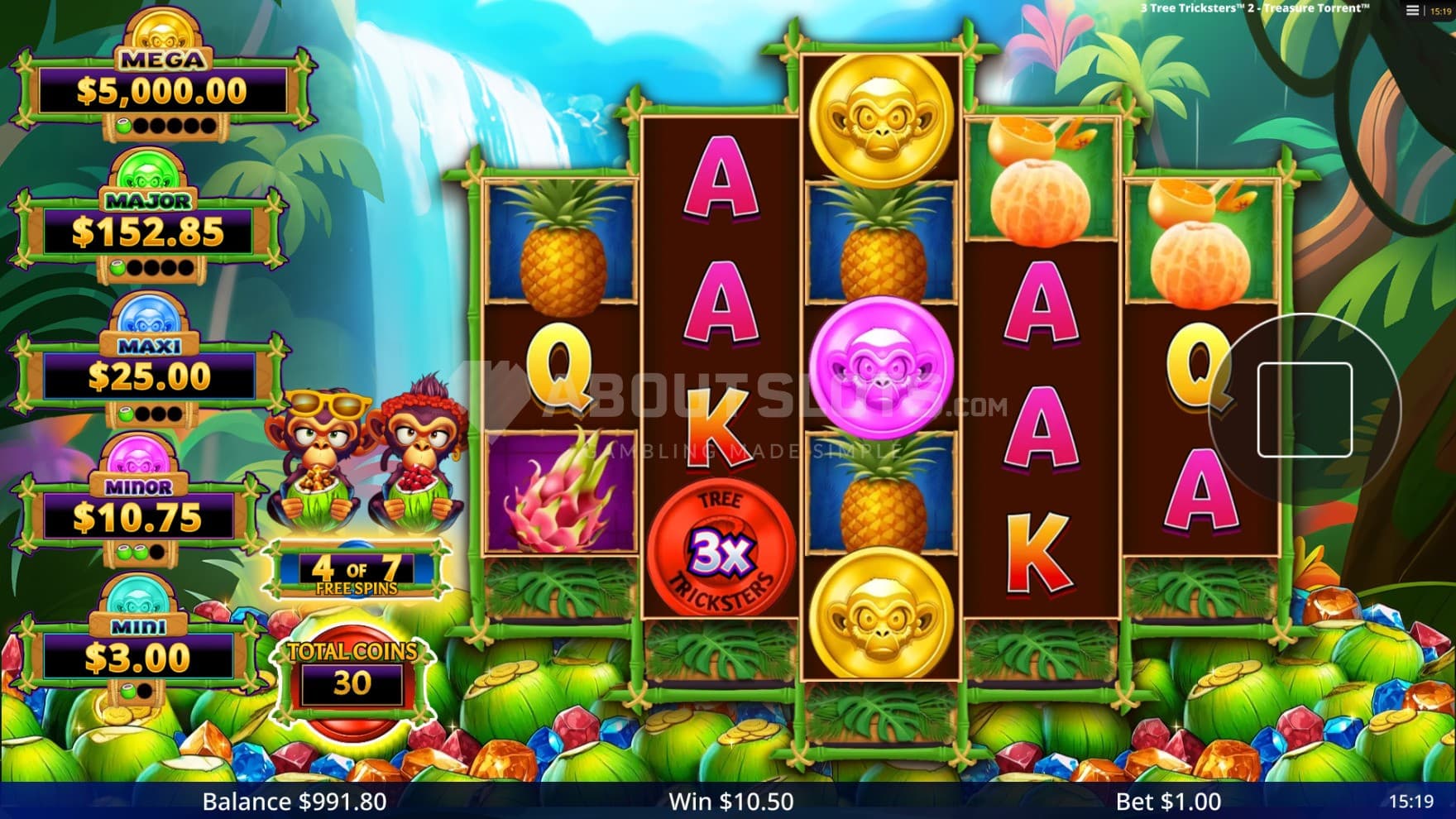 Pictured is the Free Spins feature triggered with additional Red Coins and Jackpot bonuses active