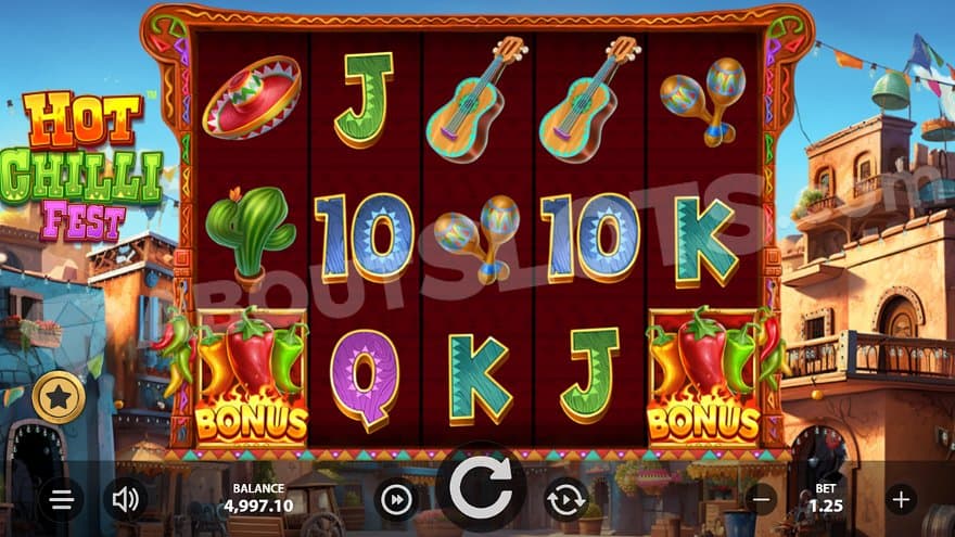 Five slot reels on a Mexican square.