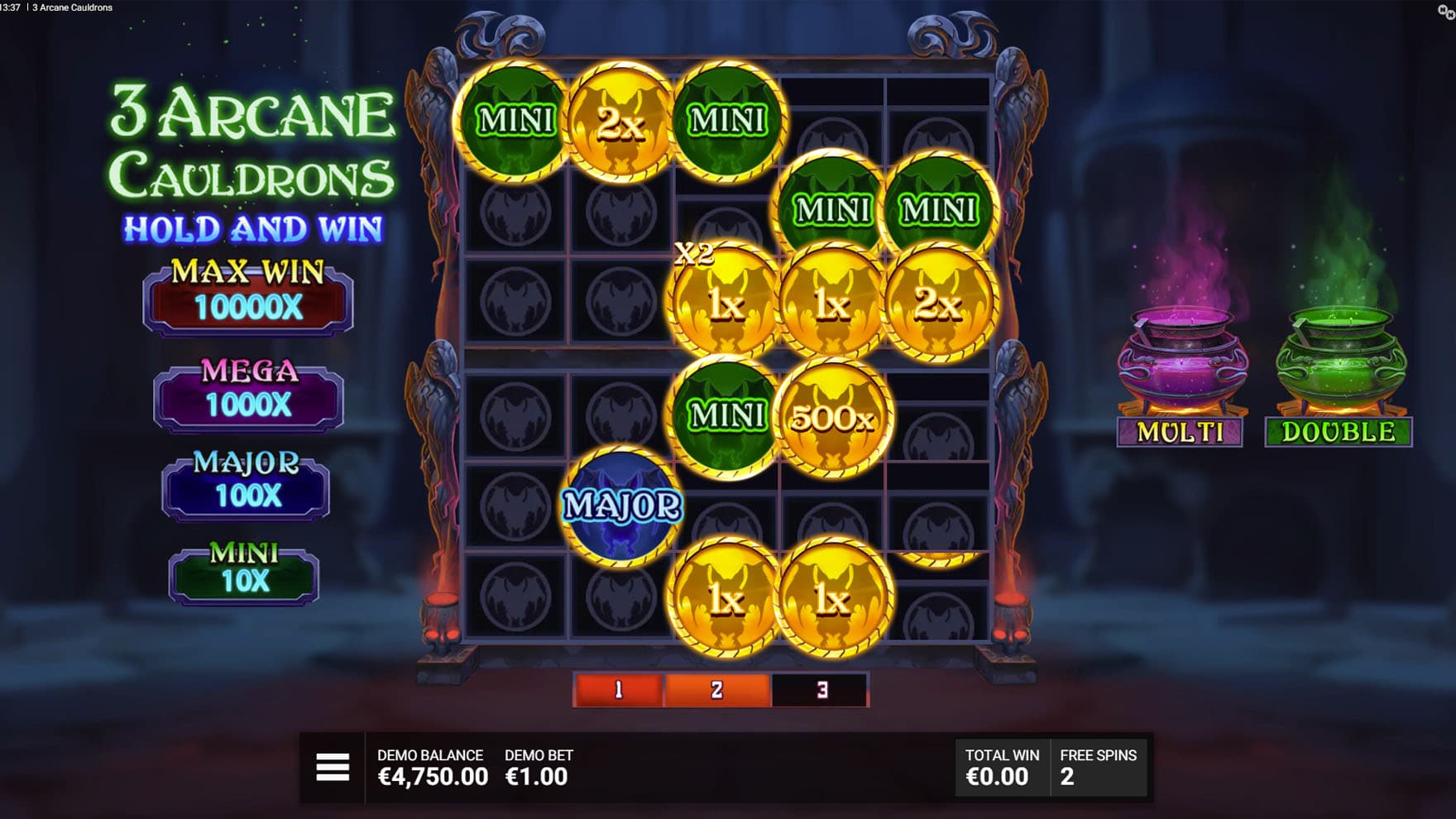 Arcane Bonus in progress, showing multiple cash prizes and jackpot coins locked on the grid.