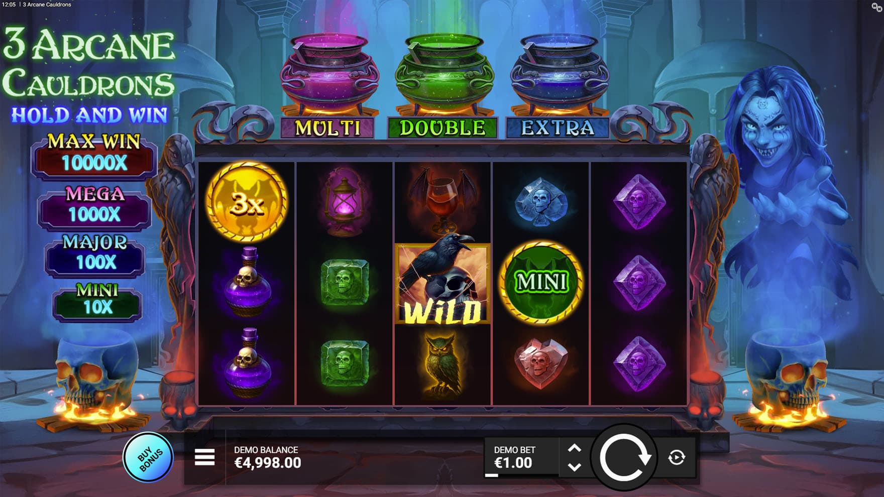 Base Game view of a 5x3 grid on a backdrop of a dark crypt, with a witch's spirit emerging from a skull on the right.