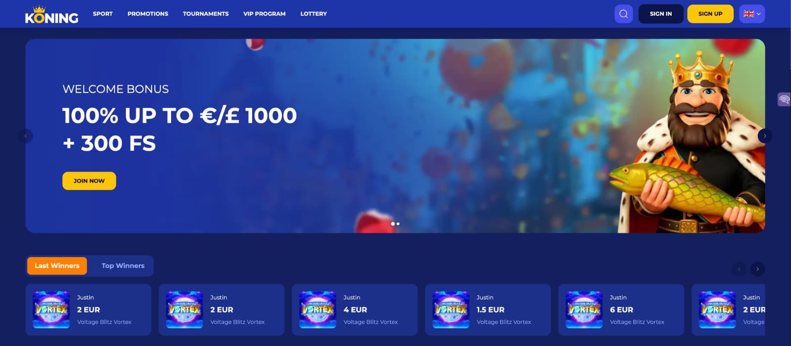 Main landing page of Koning.bet with featured games and welcome offer highlighted
