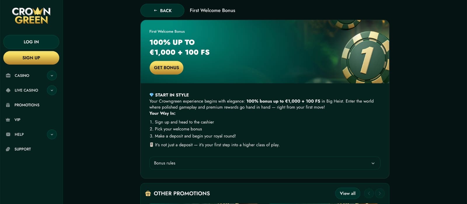 Overview of available bonus deals at CrownGreen Casino