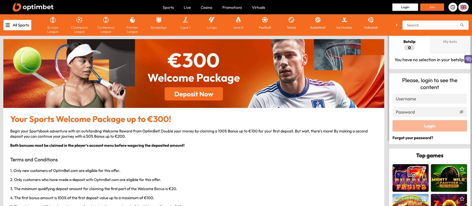 Optimbet bonus page presenting welcome offer, free spins, and wagering details