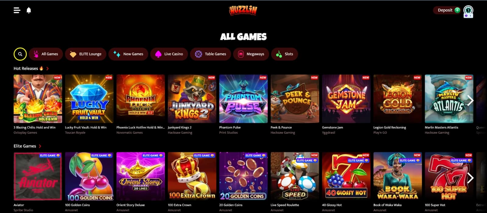 Huzzlin Casino lobby showing slots, live dealer games and provider filters with a wide game selection
