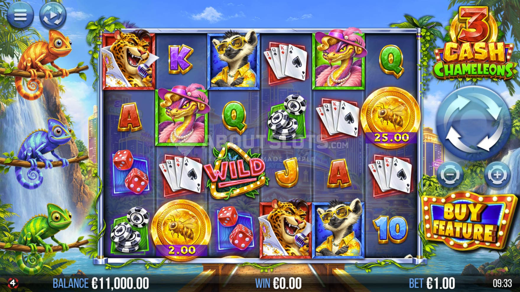 Screenshot of the base game, showing a 6x4 grid on a backdrop of a colourful gambling city among nature.
