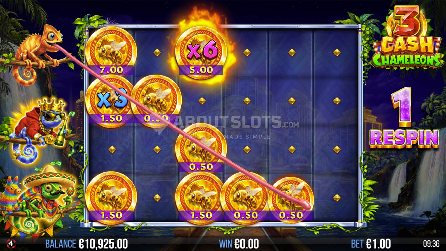 Screenshot of the Chameleon Respins Bonus in progress, with multiple cash symbols on the reels.