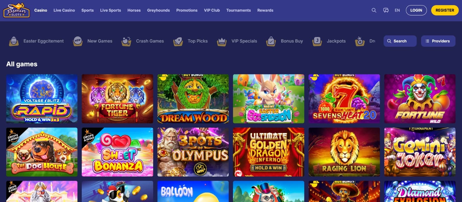 Jasmin Slots Casino lobby showing thousands of slots, live casino tables and provider filters