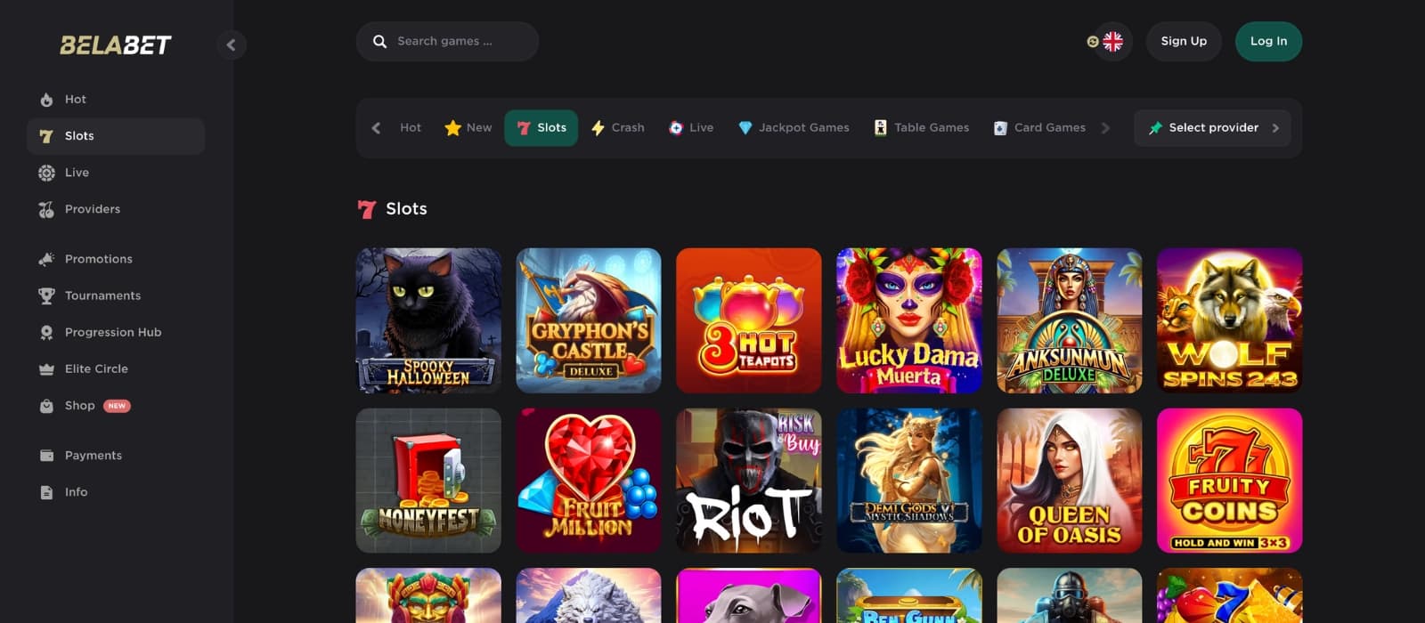 BelaBet Casino lobby showing slot games, live dealer tables and provider filters in a modern interface
