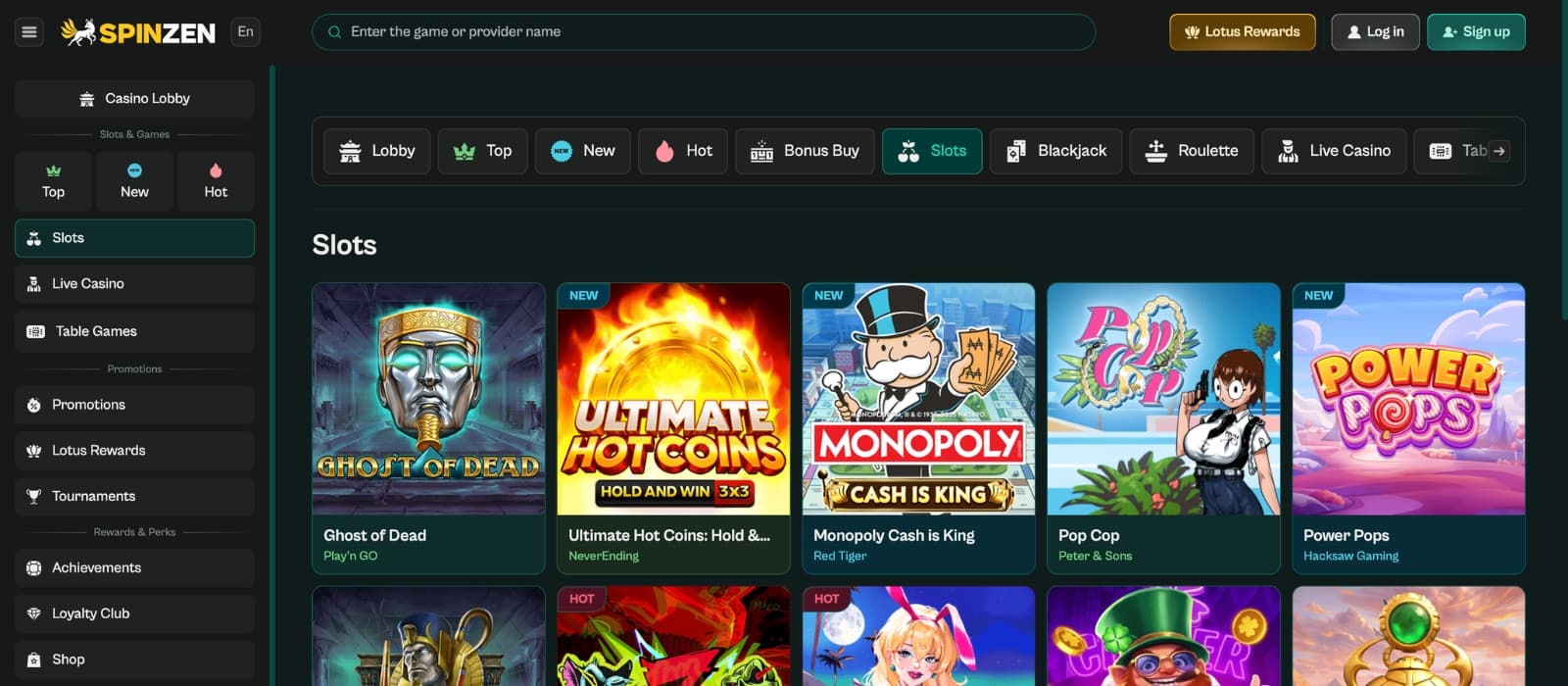 Spinzen Casino games lobby screenshot showcasing a wide selection of slots, tables and live dealer games