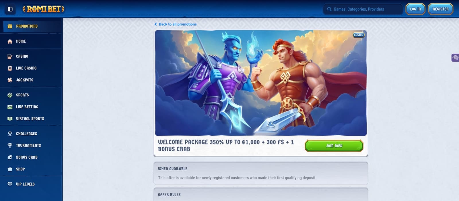 Romibet live dealer and table games selection screen with category filters