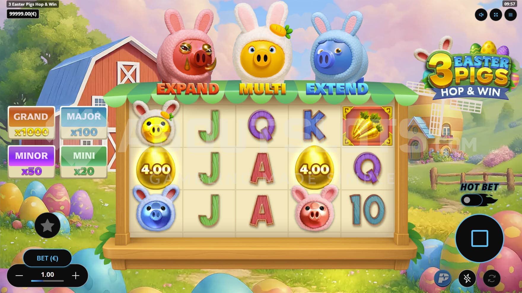 Base Game view of a 5x3 grid on a backdrop of a farm filled with Easter eggs, surrounded by grassy hills.