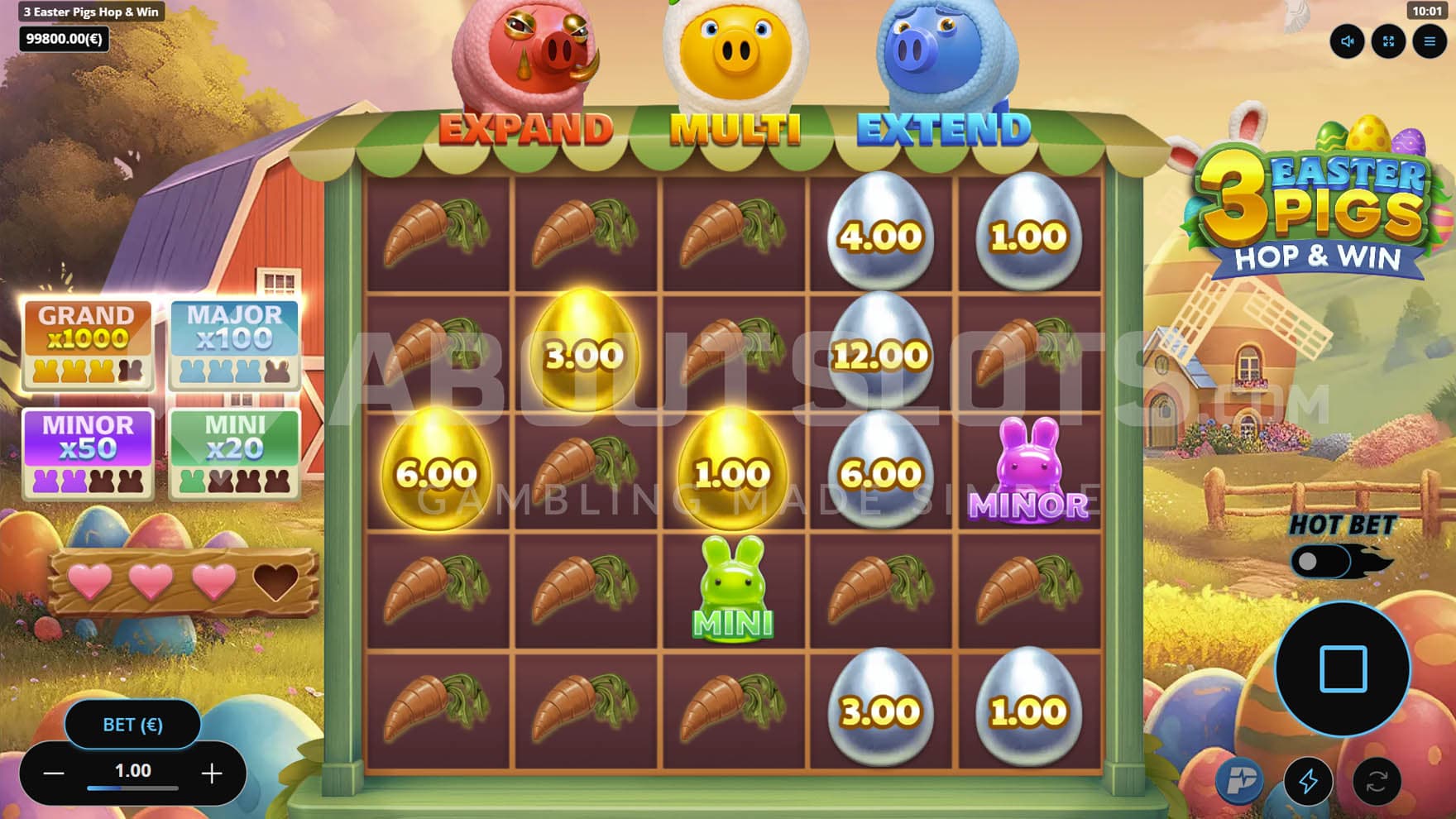 Hold & Win Bonus Game in progress, showing several cash prizes locked on the grid.