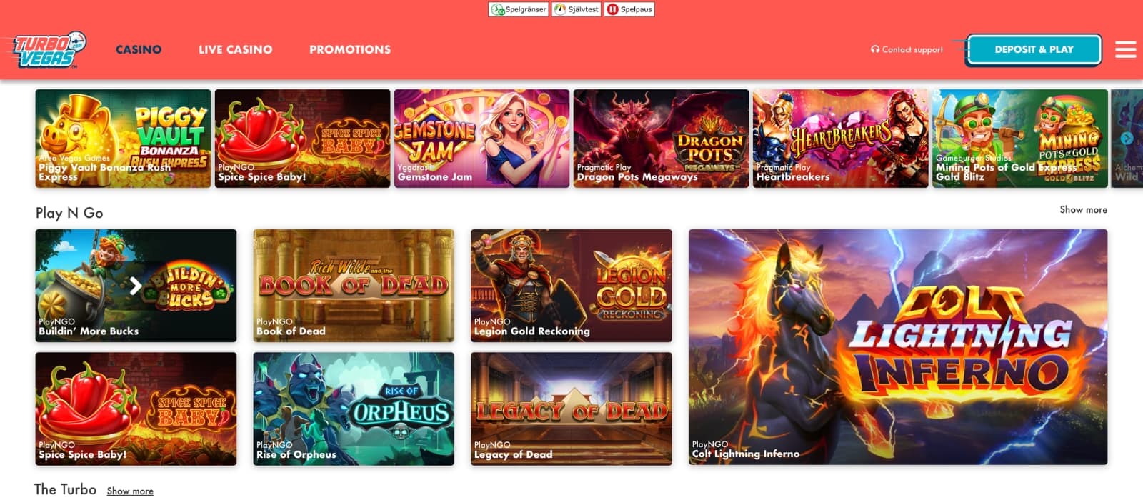 TurboVegas Casino lobby showing slots, live casino tables, sportsbook options, and provider filters at the top