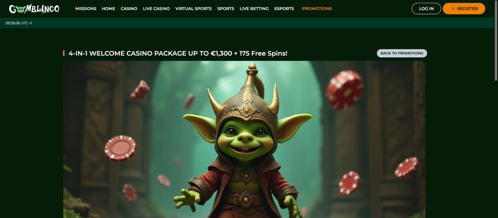 Gomblingo bonus page displaying the welcome deal