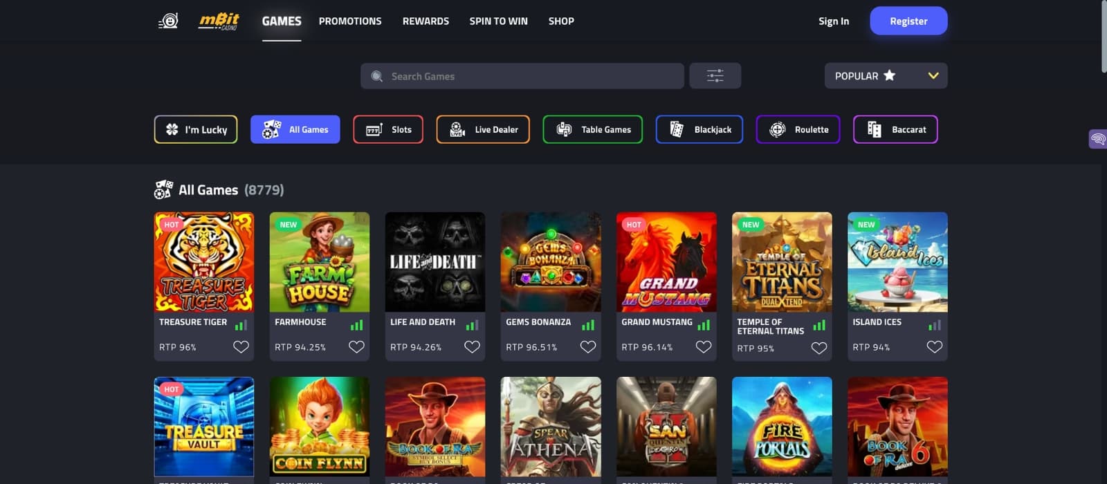 mBit Casino game lobby displaying slots, live dealer titles, and table games