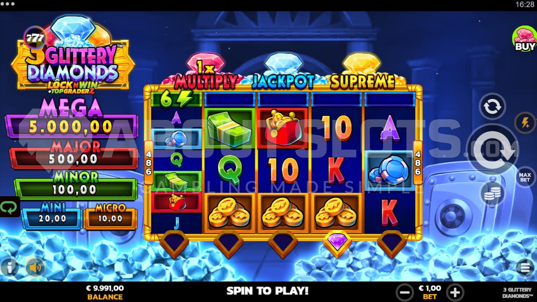 A casino slot on top of a pile of diamonds.