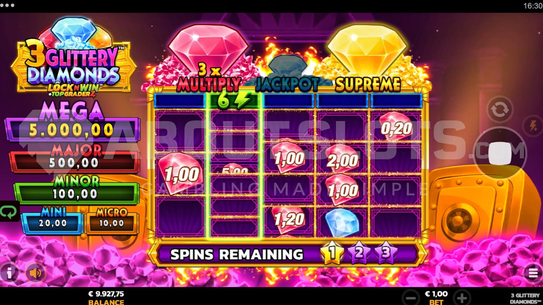 Seven diamonds on the reels in the re-spin bonus game.