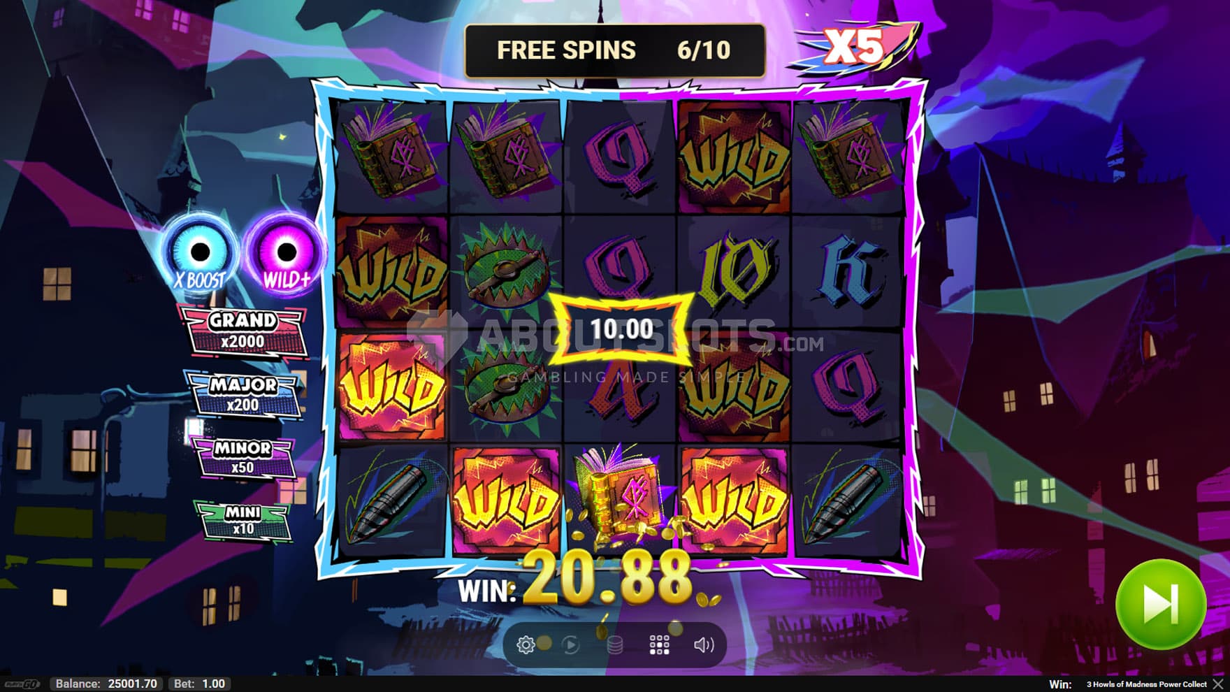 Screenshot of the Free Spins bonus in progress, showing a win with multiple Wilds.