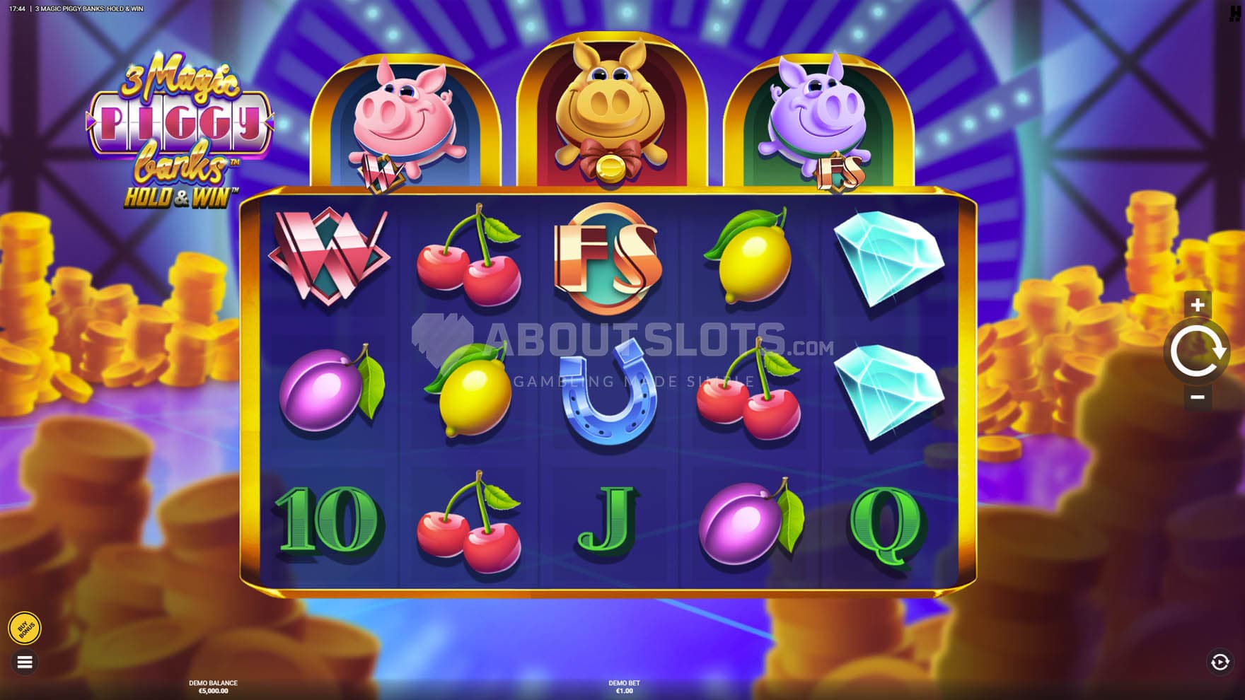 Screenshot of the base game, showing a 5x3 grid on a backdrop of a room filled with stacked coins.