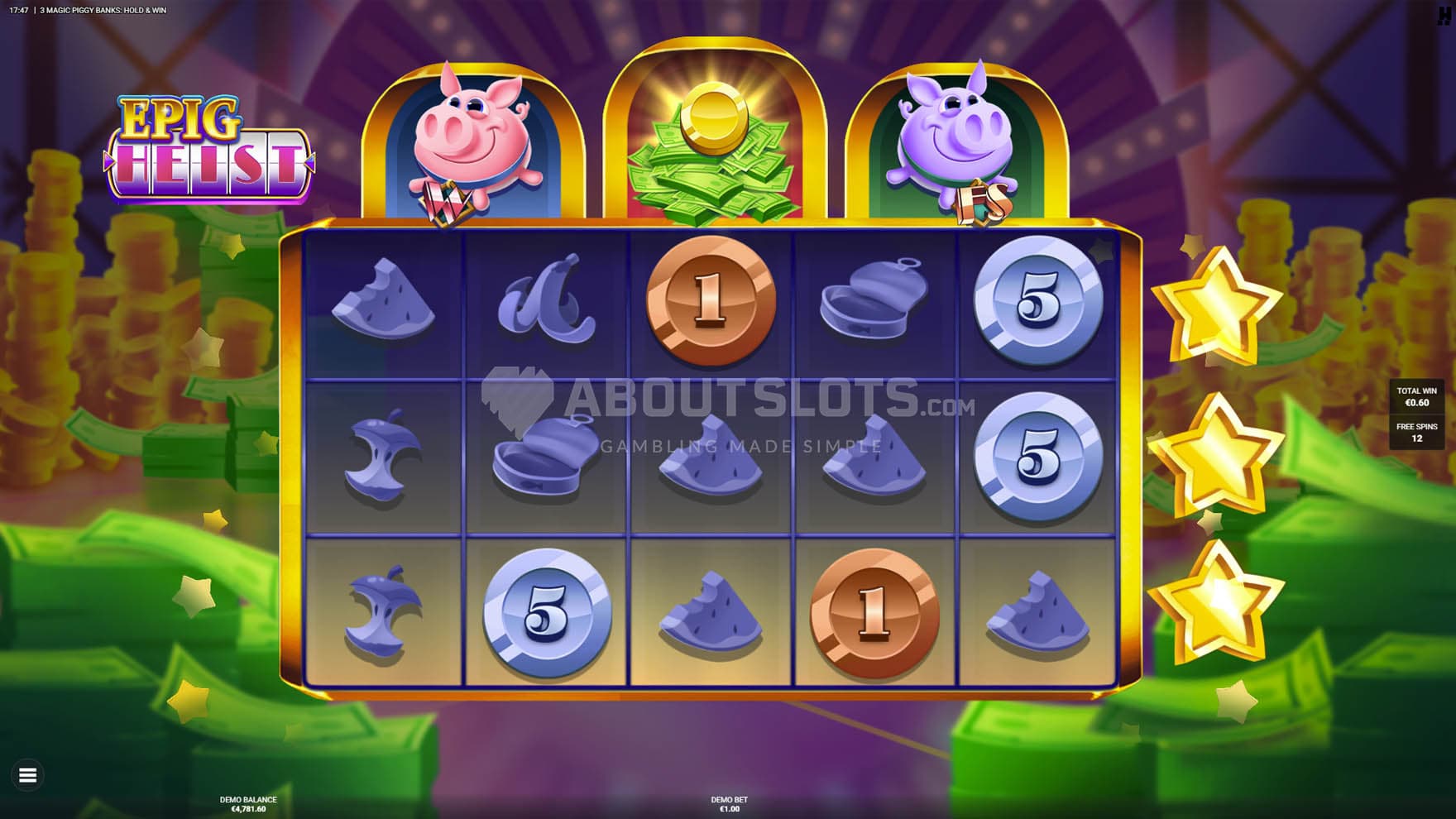 Screenshot of the Magic Coins feature in progress, with several cash symbols locked on the reels.
