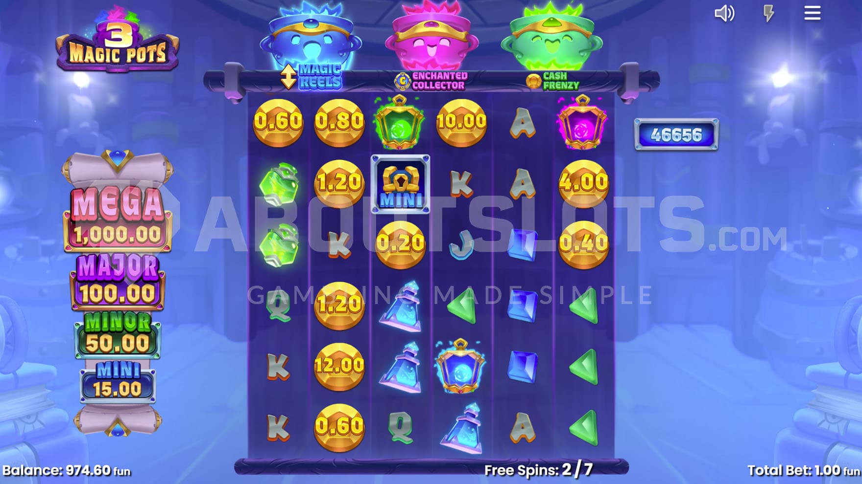 Free Spins bonus in progress with the Magic Reels enhancement triggered which increases the grid to 6x6 in size.