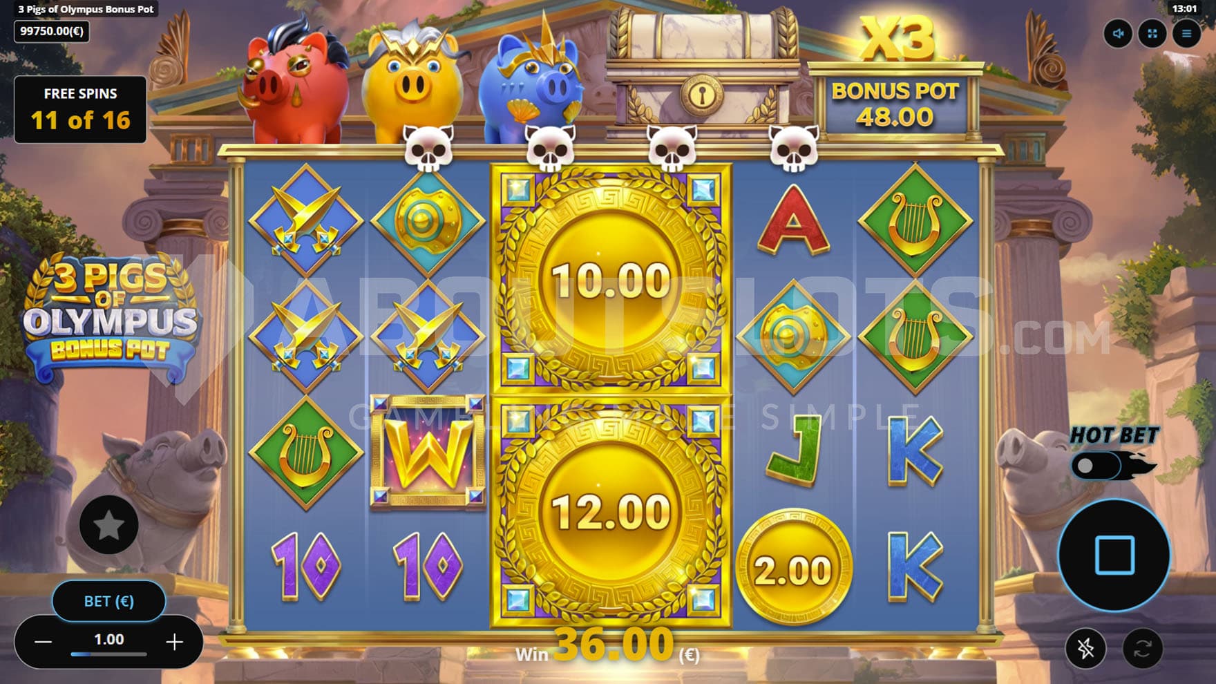 Free Spins bonus in progress with all 3 enhancers active, showing mega 2x2 cash symbols on synced reels 3 & 4.