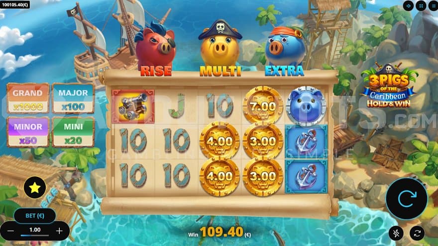 A casino slot with three pigs as pirates.
