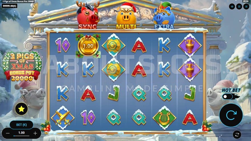 A casino slot with pigs as Greek gods.