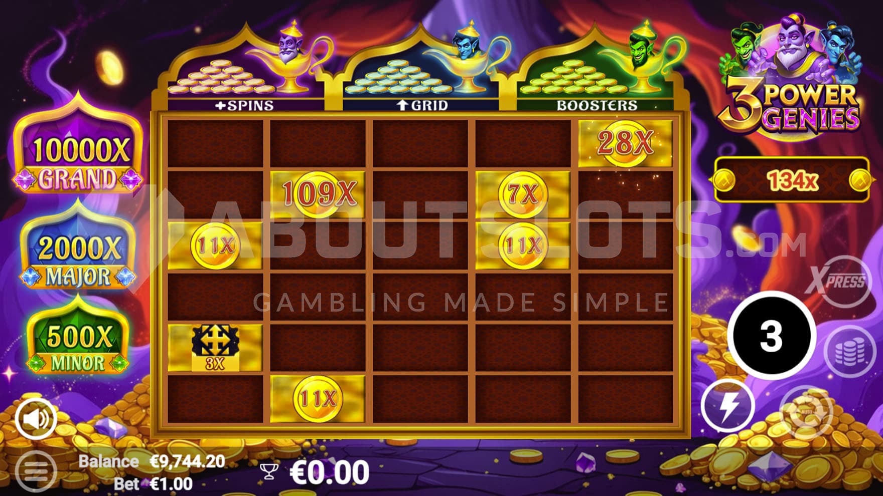Free Spins bonus in progress, showing all 3 modifiers active and multiple Coins with cash prizes on the grid.