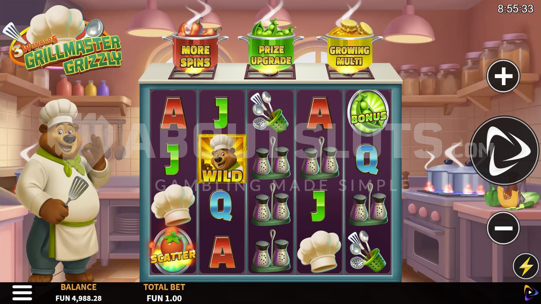 Base Game view of a 5x4 grid on a backdrop of a kitchen run by a bear chef.