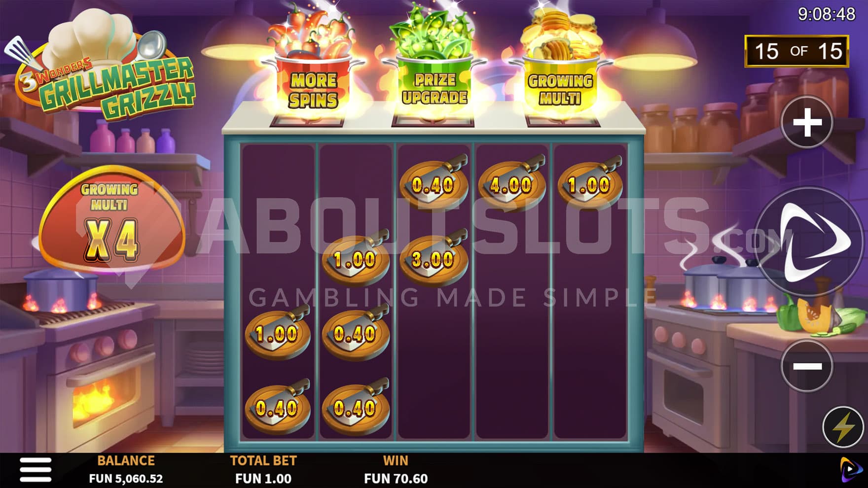 Super Spins bonus in progress, showing all 3 upgrades active and multiple cash symbols on the grid.