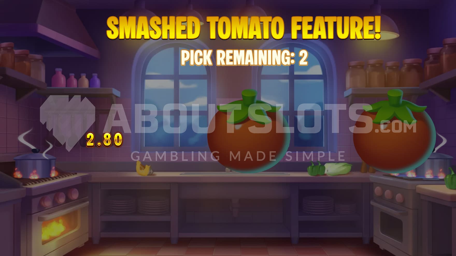 Smashed Tomato Pick Feature in progress, showing one of the tomatoes awarding an instant cash prize.