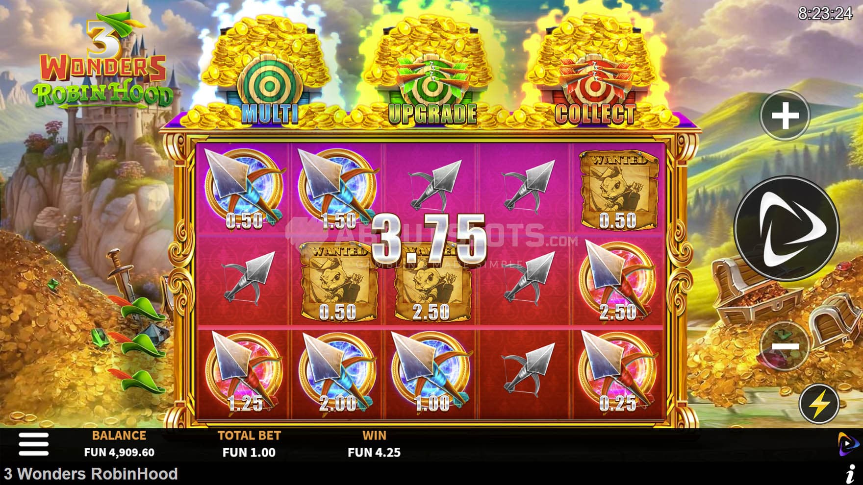 Screenshot of the Bonus Game in progress, showing multiple special symbols with cash prizes on the grid.