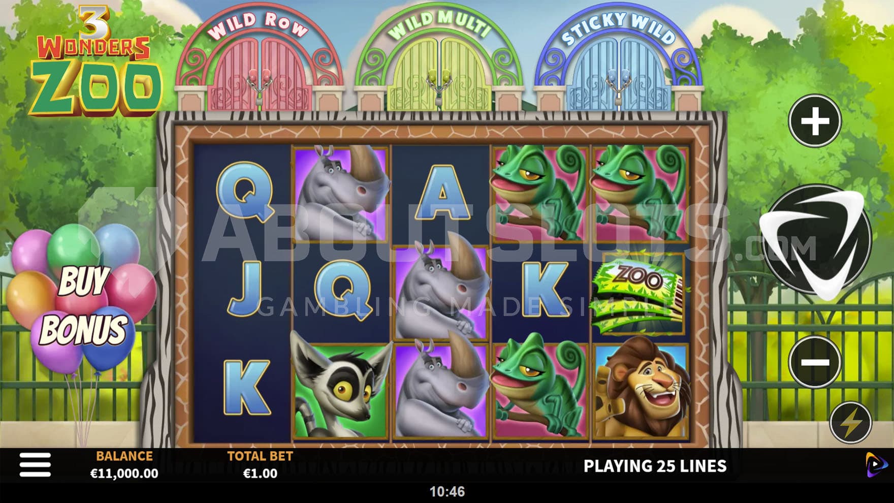 Base Game view of a 5x3 grid on a backdrop of a lush park.