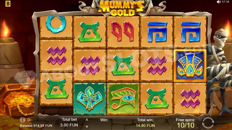 Free Spins feature where you can see a mummy o the right.