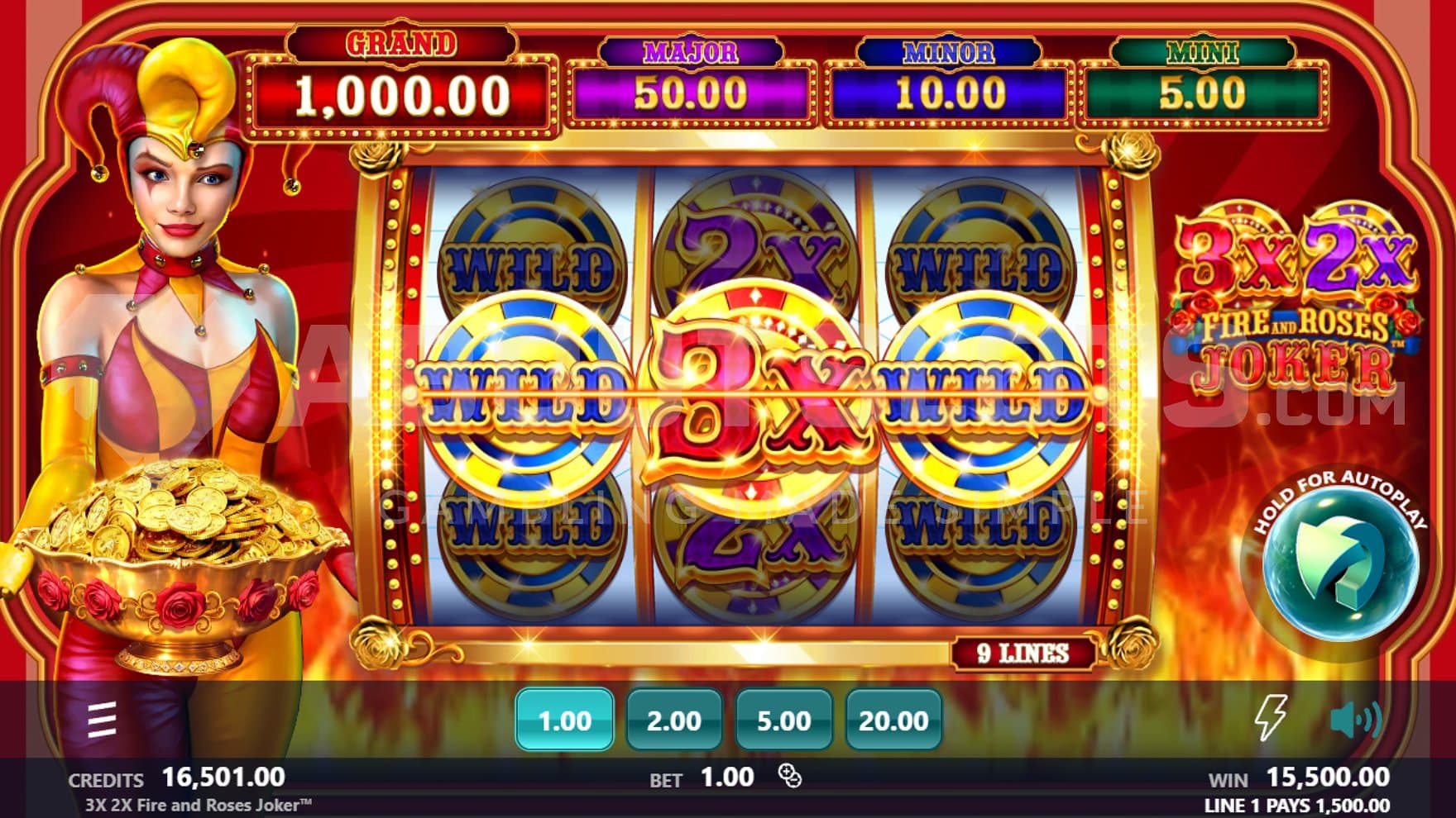A win of 1,000x the bet with a 3x Wild Symbol on the middle reel.