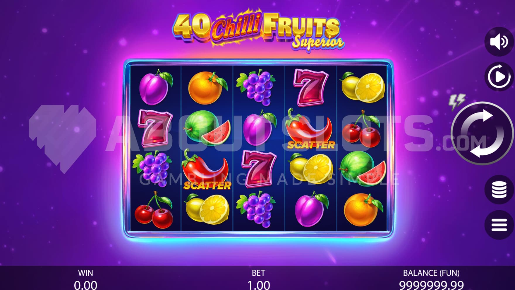 The neon playing grid is filled with various fruits, chillis, and 7s