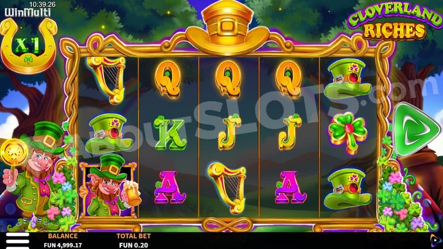 Five reels in a forest with a leprechaun standing to the left.