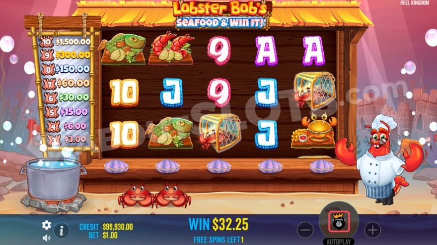 Free Spins feature with a paytable located to the left.