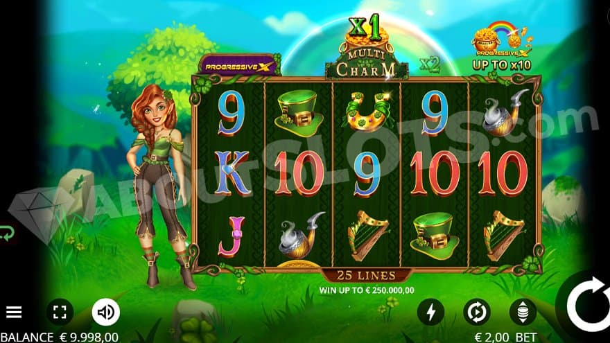 Five reels with three rows on a green meadow with a girl to the left.