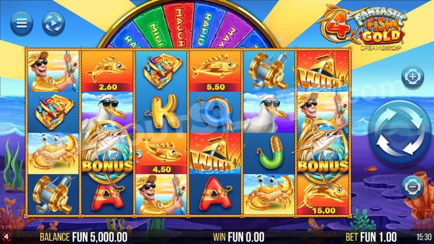 Base game with a Jackpot wheel above the reels.