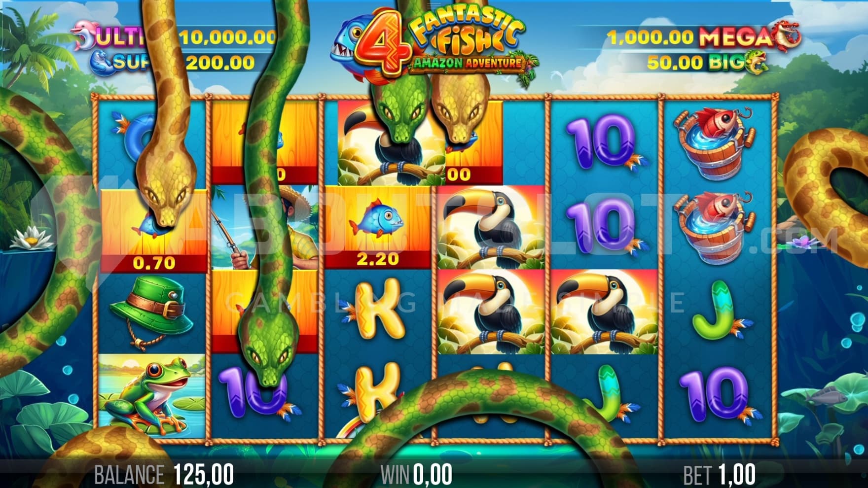 Four snakes move over the reels.